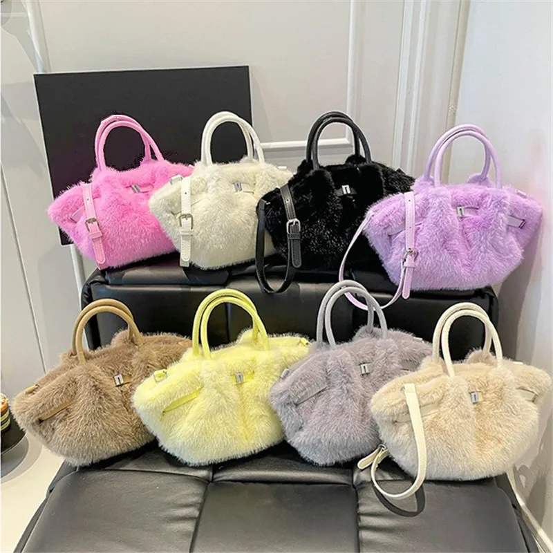 Plüsch-Damentasche, Damenhandtasche aus Nerzimitat, Gemüsekorbtasche, plissierte Tragetasche, modische Schulter-Crossbody-Tasche