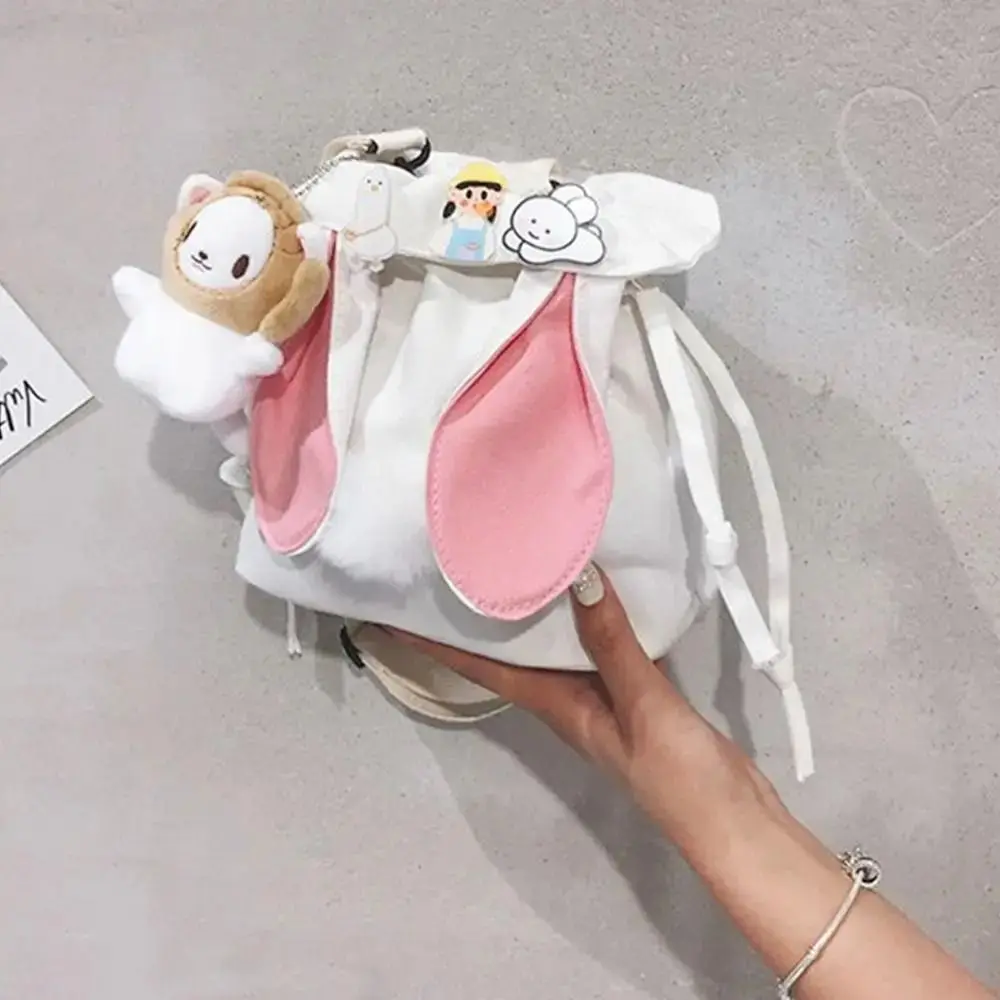 

Drawstring Rabbit Ears Shoulder Bag Casual Simple Canvas Crossbody Bag Portable Korean Style Rabbit Shoulder Messenger Bag