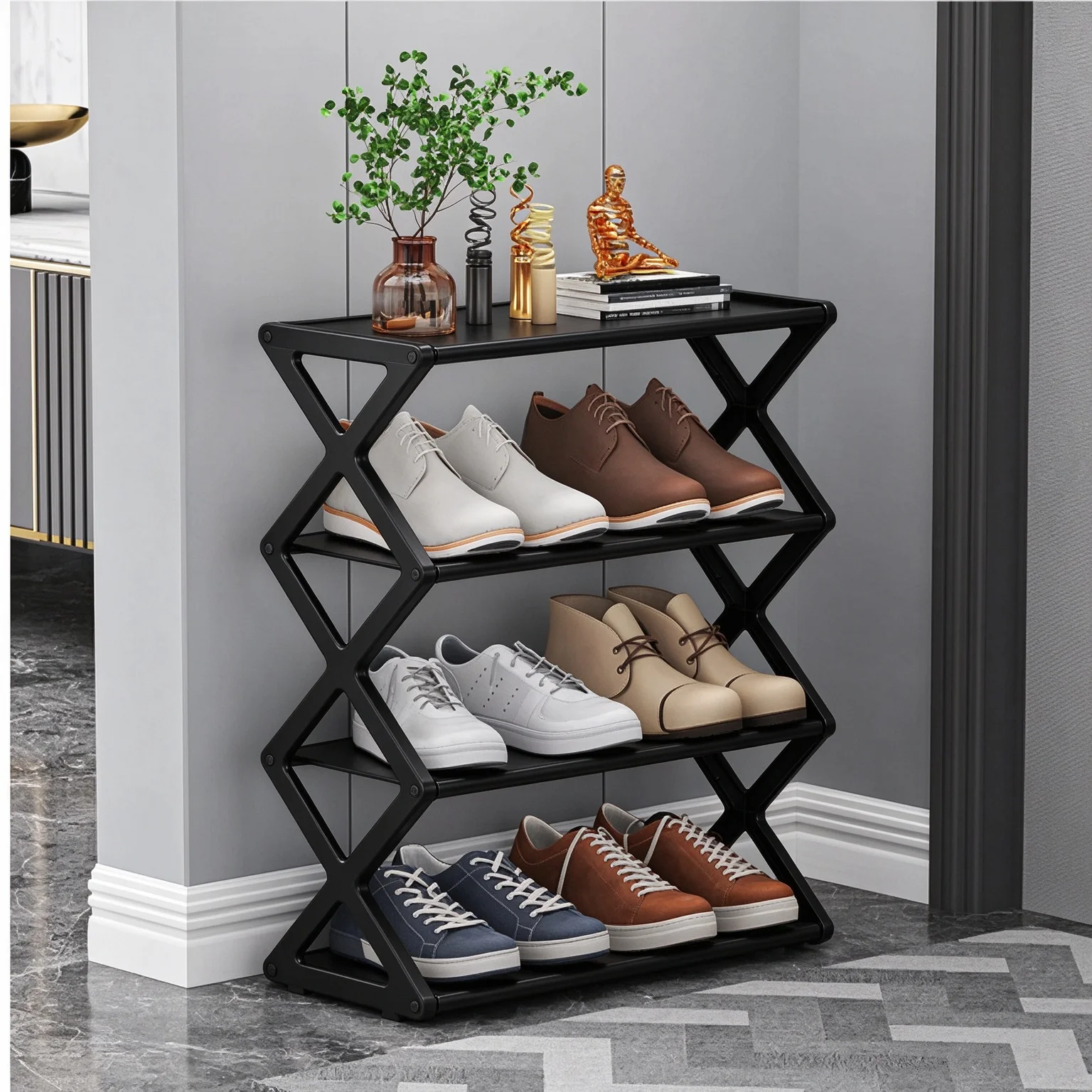 4-Tier Foldable X-Shape Shoe Rack, No Assembly Space Saving Shoe Organizer, Waterproof Non-Woven Shoe Shelf Entryway Dorm