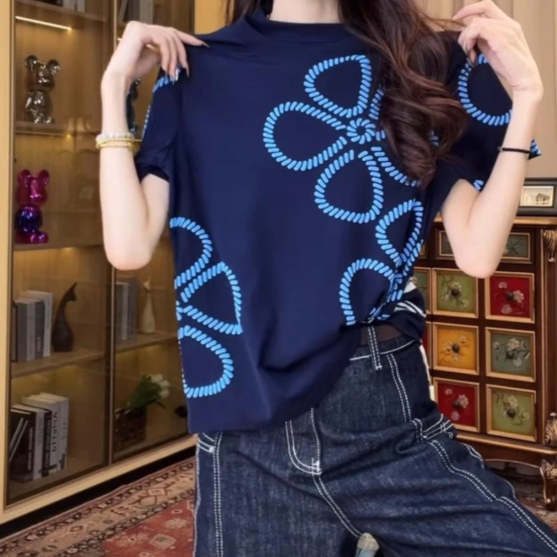Summer Women\'s Clothing Geometric Round Neck Printing Short Sleeve Contrast Color T-shirt Casual All-match Office Lady Tops