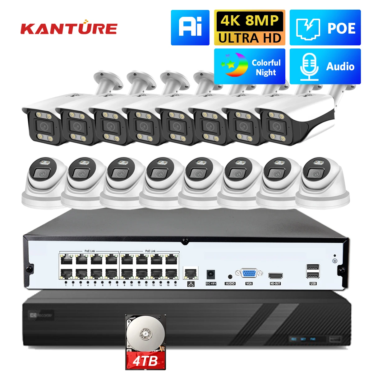 KANTURE 16CH 4K POE CCTV Security Camera System 8MP Colorful Night Vision Indoor Outdoor Video Surveillance Kit Audio Camera