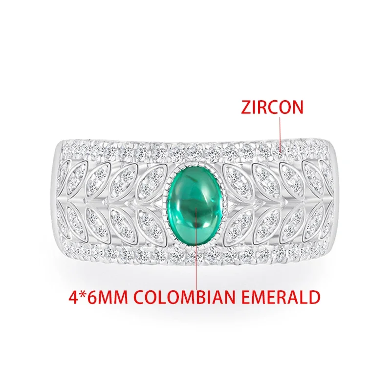 TFGLBU 4*6mm 0.8CT Trendy Oval Colombian Emerald Ring for Women/men Solid 925 Silver Retro Palace Olive Leaf Band Luxury Jewelry