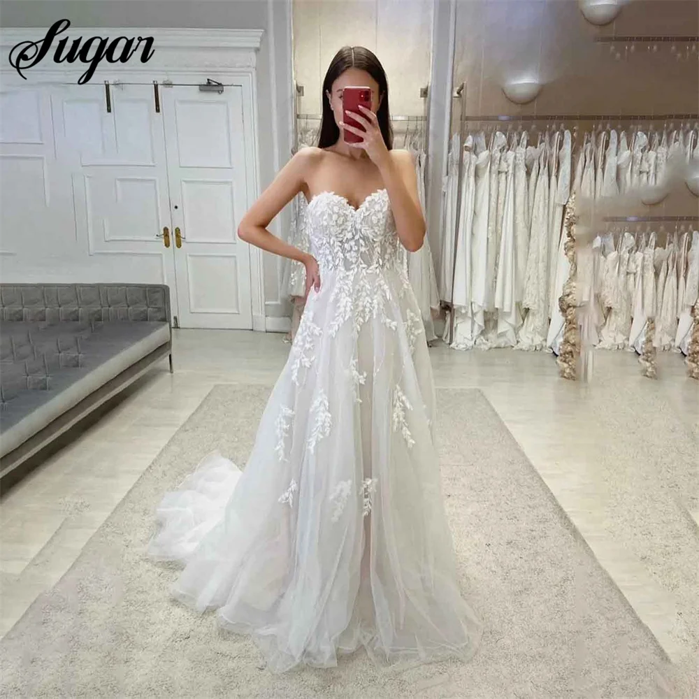 

Ivory A Line Wedding Dresses For Bride Sweetheart Neck Size Custom Made Sleeveless Wedding Gown Appliques Lace Bridal Dress