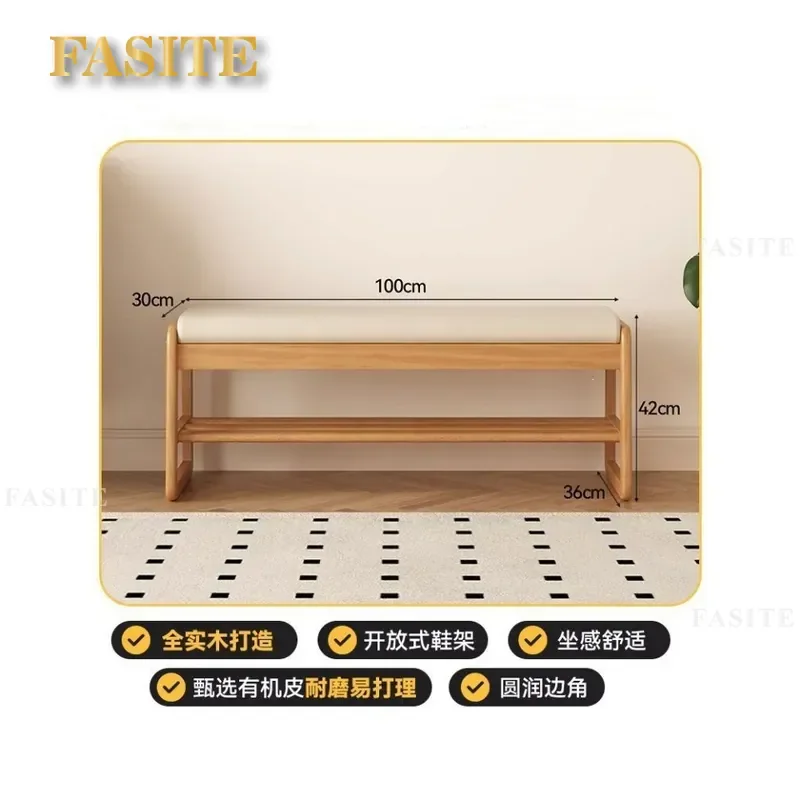 For Home Entryway Solid Wood Shoe Bench with Soft Cushion Integrated Storage Rack Long Strip Stool for Changing Shoes Modern