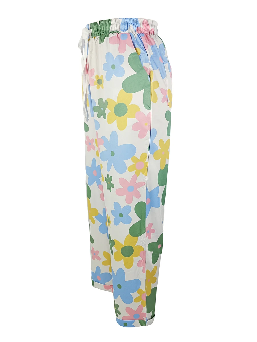 Damen-Hose mit buntem Blumenmuster, weites Bein, hohe Taille, lockere, lässige Hose mit Kordelzug, Boho-Sommer-Strandmode-Hose – Detail 4