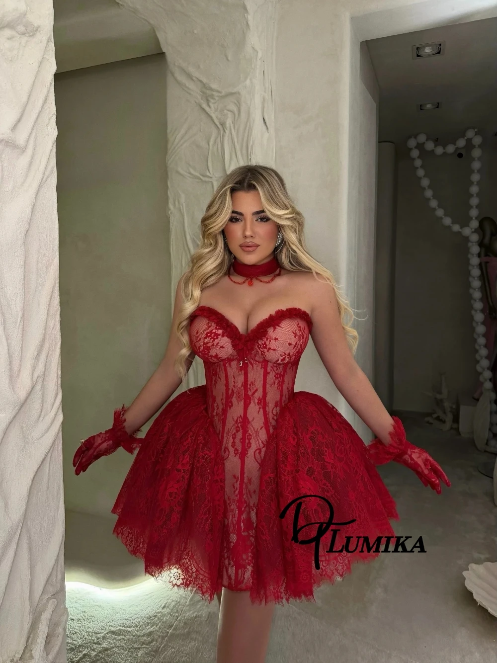 

Red Lace Sweetheart Neck Mini Evening Dress Corset Stunning Women Homecoming Prom Cocktail Birthday Party Club Wear Customized