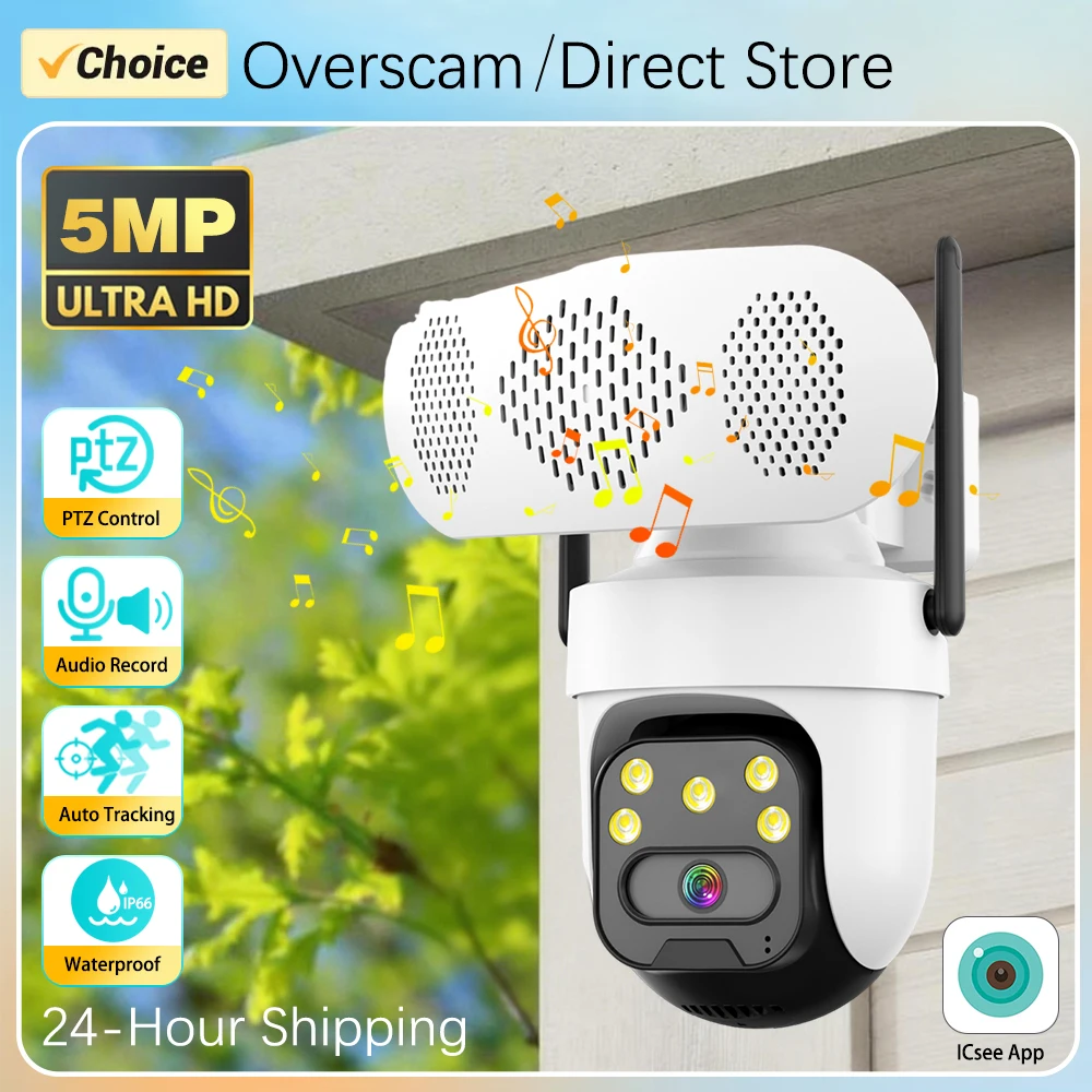 

5MP Wireless Camera Music Play Outdoor Bluetooth Speaker PTZ WIFI Auto Tracking Two-Way Audio IP66 Waterproof ICSee CCTV Camera
