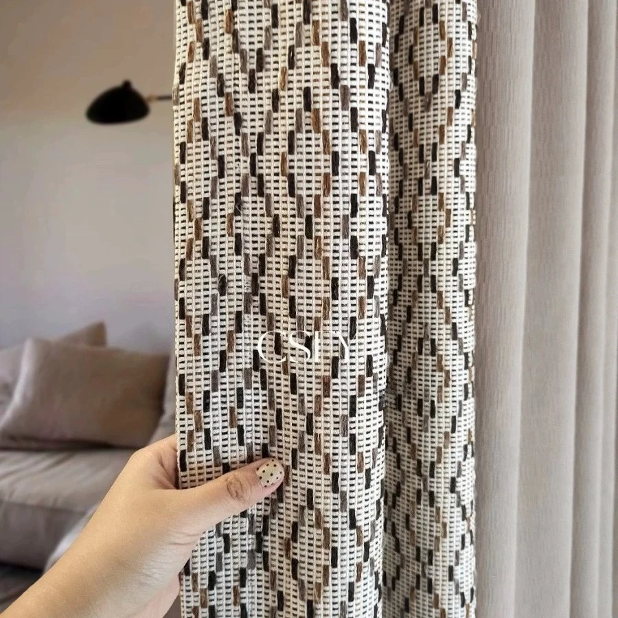 Vintage Rhombic Jacquard Stitching Thickened Chenille Curtains for Living Room Bedroom French Window Balcony Customized