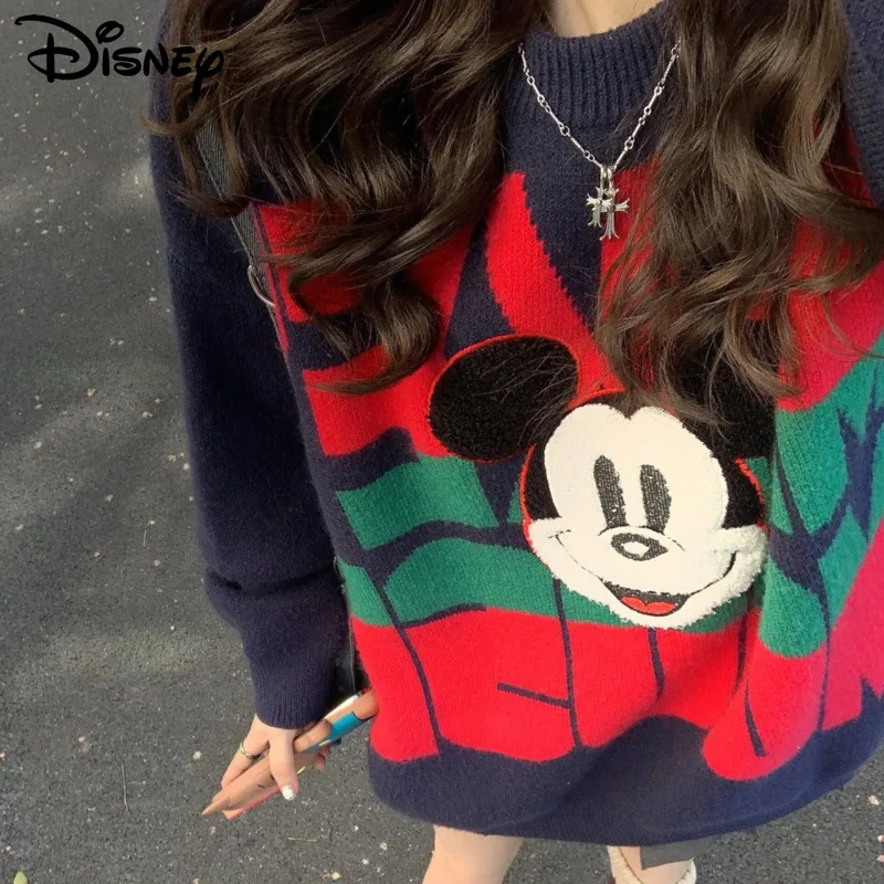 Disney Mickey Y2k Academy Style Sweet Sweater Female Autumn Winter Cartoon Letter Jacquard Knit Tops Women Round Neck Sweatshirt