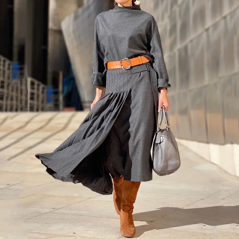 

Solid Pleated Dresses Women Long Sleeve Pullover Dress Loose Sashes Casual Spliced Vestidos Ankle Length 2024 Folds Basics