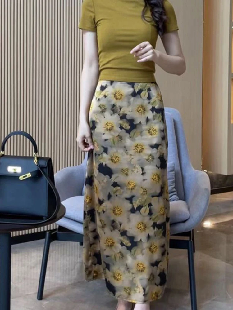 

Летняя тонкая юбка А-силуэта Ele для женщин: модный повседневный дизайн, высокая талия, миди, с цветочным принтом, для деловых встреч и повседневной носки
