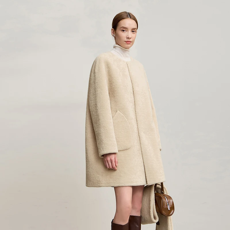 Amii Fur Coat Woman 2025 Winter New O-Neck Loose Medium And Long Tops With Scarf Warm Long Sleeve Elegant Fur Jacket 12554011