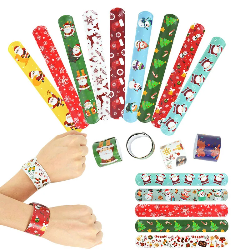 

10pcs Christmas Pop Circle Wristband Santa Elk Xmas Tree Clap Circle Bracelet Christmas New Year Kids Adult Bracelet Decoration