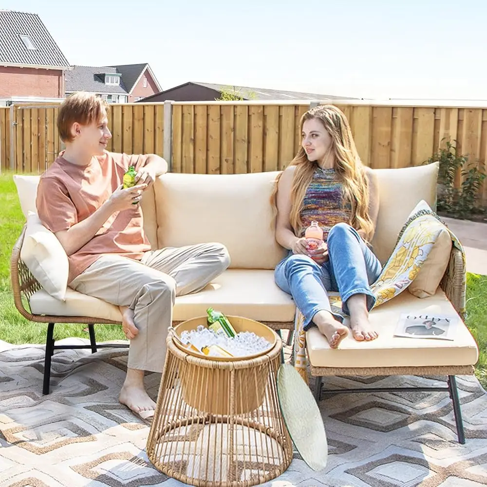 

3 Pcs Boho Outdoor Patio Furniture Sets, L Shaped Natural Color Wicker Conversation Sectional Sofa W/Cozy Beige Cushion & Ice