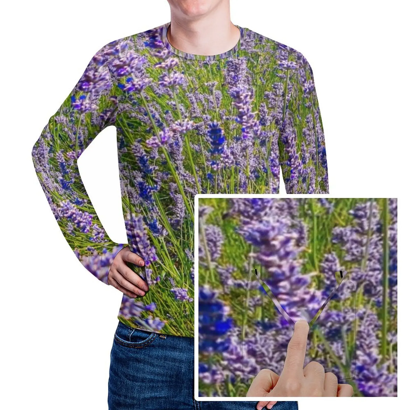 Lavender Field T-Shirt Men Purple Flower Print Streetwear T Shirts Spring Harajuku Tees Long Sleeve Custom Big Size Clothing