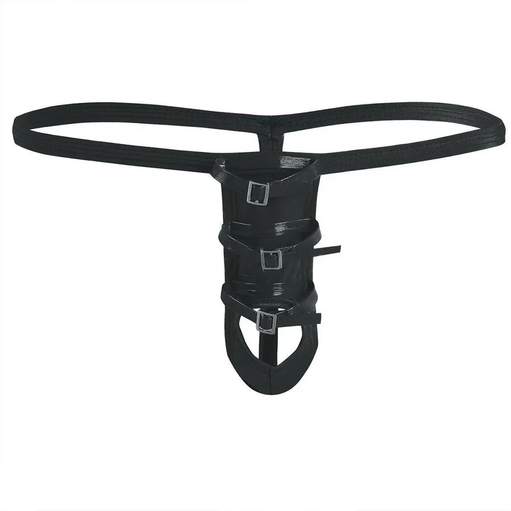 New Mens Hole Patent Leather Tied Hollow Underwear G-String Bikini Brief Thong Underpants Lingerie Backless Male T-back Thongs