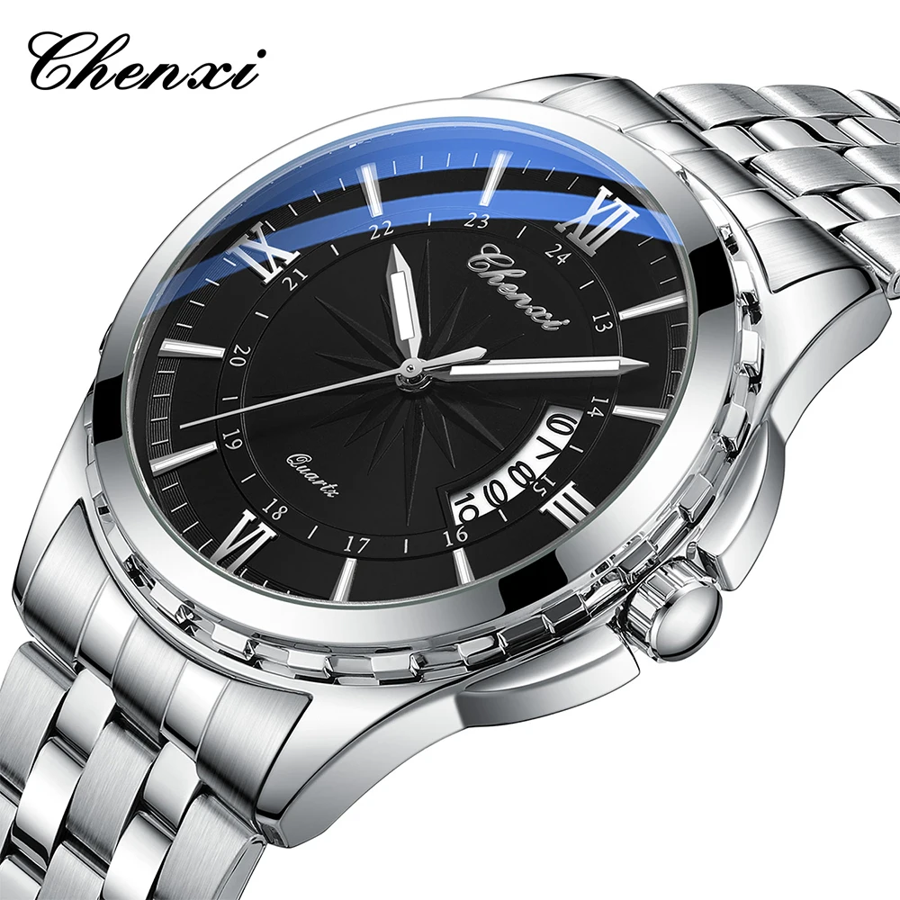 CHENXI Silver Business Man Watch Luminous Round Dial Men's Wristwatch Calendar Display Stainless Steel Band Men Watches