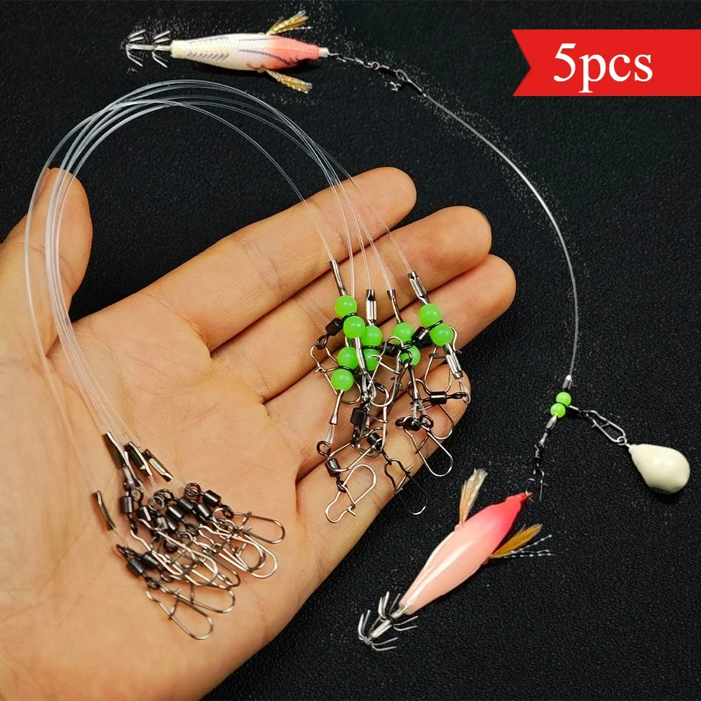 5 pièces de ligne de pêche 20 cm anti-emmêlement avec perles lumineuses et connecteur pivotant pour montage de pêche au calmar et au pieuvre