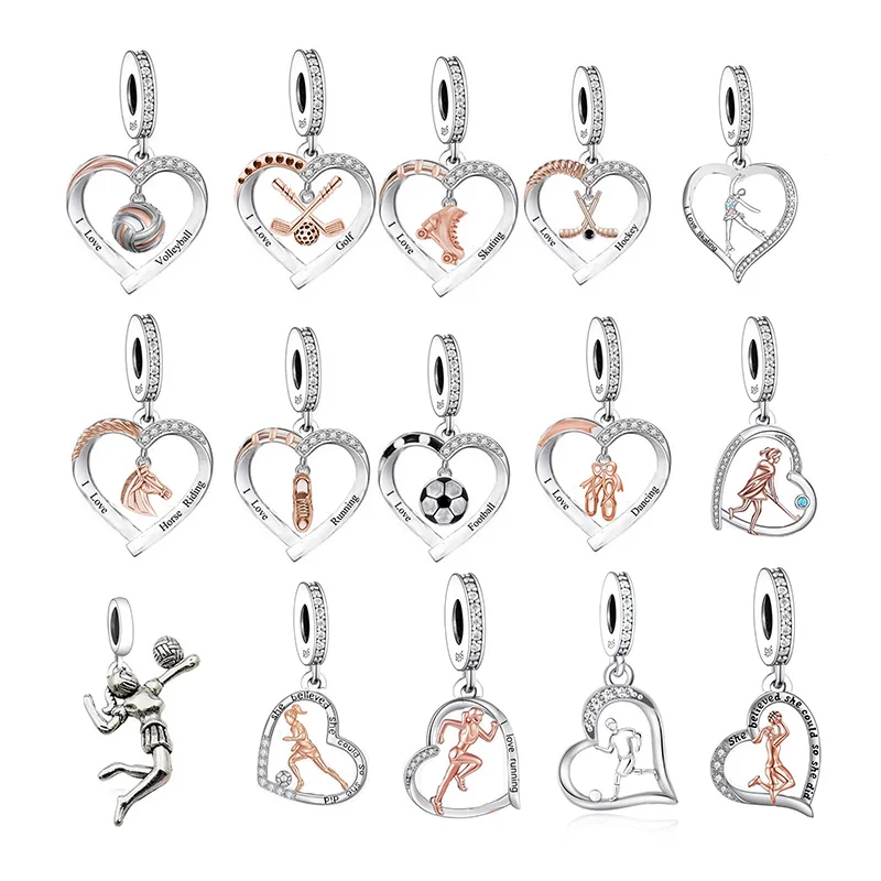 

HuooNew Fit Original Brand Charm Bracelet 925 Sterling Silver Jumping Volleyball Girl Beads Pendant For Making Berloque 2022 New