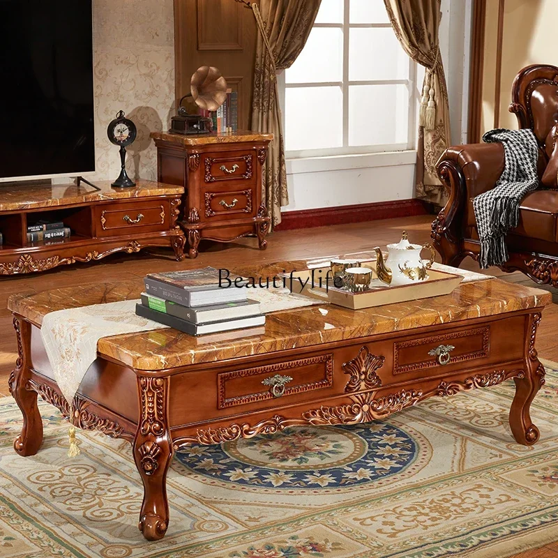 

yj9European solid wood coffee table American carved marble retro rectangular tea table