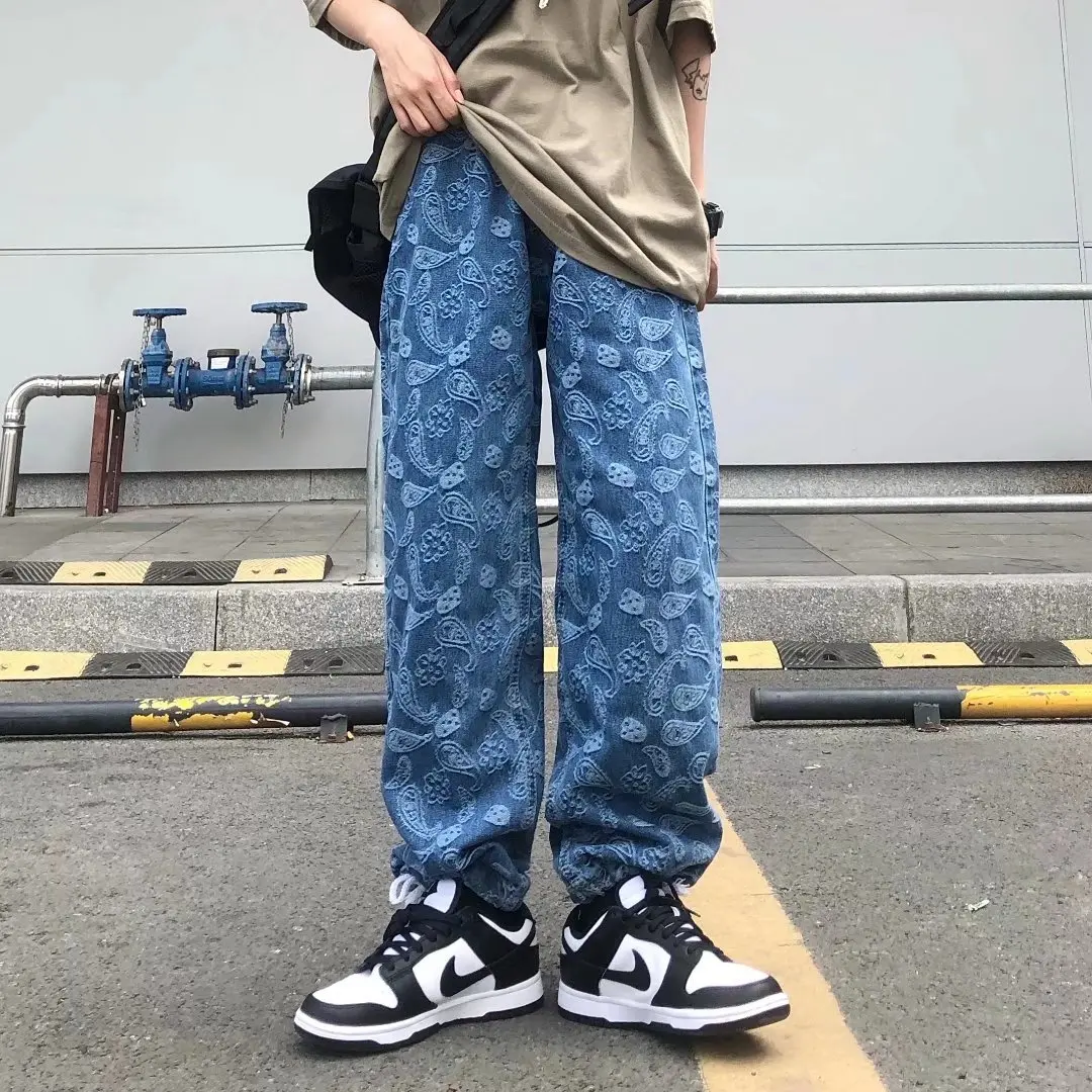 

Cashew Flower Print Jeans Men's Trendy High Street Casual Straight-leg Pants Harajuku Style Fashion Men's Mopping Trousers