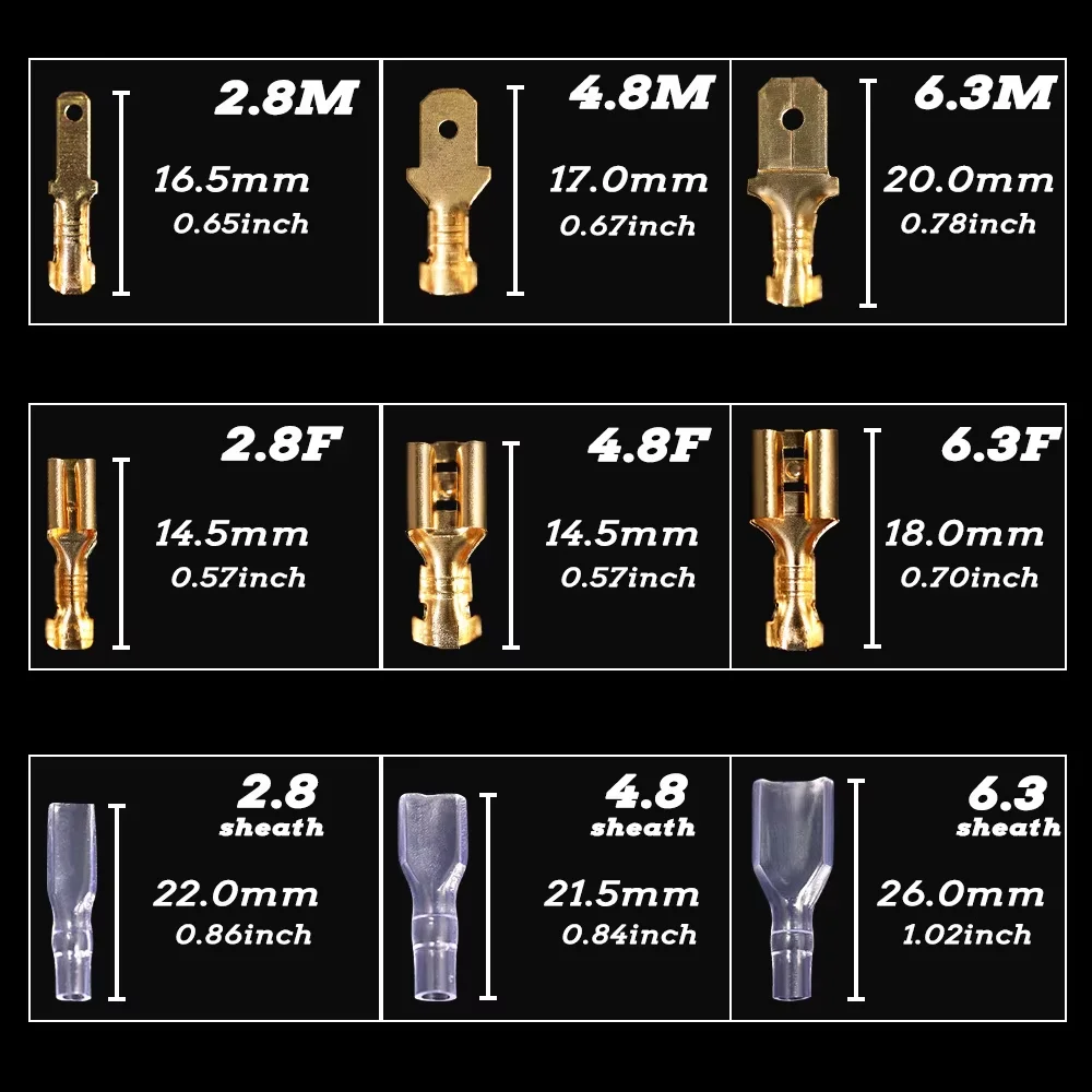 2.8/4.8/6.3mm Spade Crimp Terminal Connector Golden Universal Seal Spring Plug Insulated  Electrical Wire Connectors SN48B kit