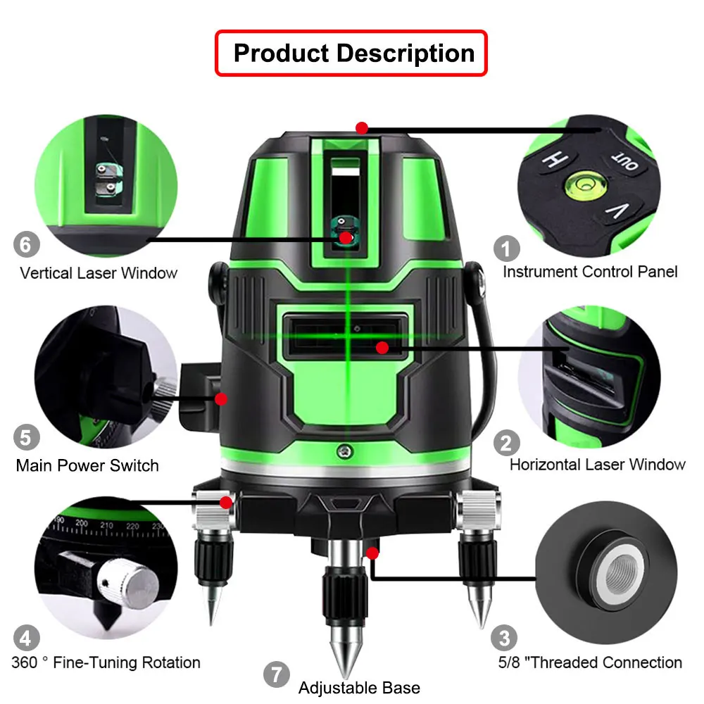 Green Cross Lines Laser Level Self-Leveling 360 Rotatable with Battery  Indoor Outdoor Alternating Direct Horizontal Vertical