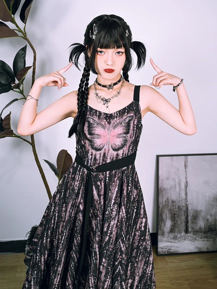 Vestido tipo estilingue estilo doce escuro design feminino camada dupla chiffon verão