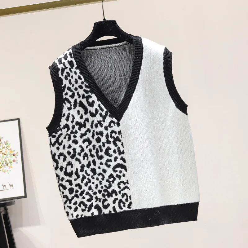 #3908 Spliced Color Leopard Sweater Vest Women Slim V-neck Short Kntted Vest Pullovers Vintage Korean Style Retro Vest Waistcoat