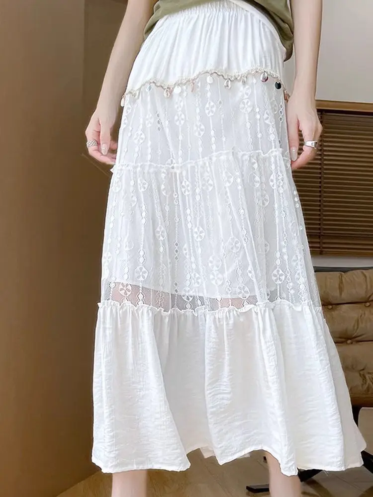

High Waist A-Line Skirt with Lace Paneling Women's Summer 2025 New White Ethnic Sle Travel Drapey Gown Skirts