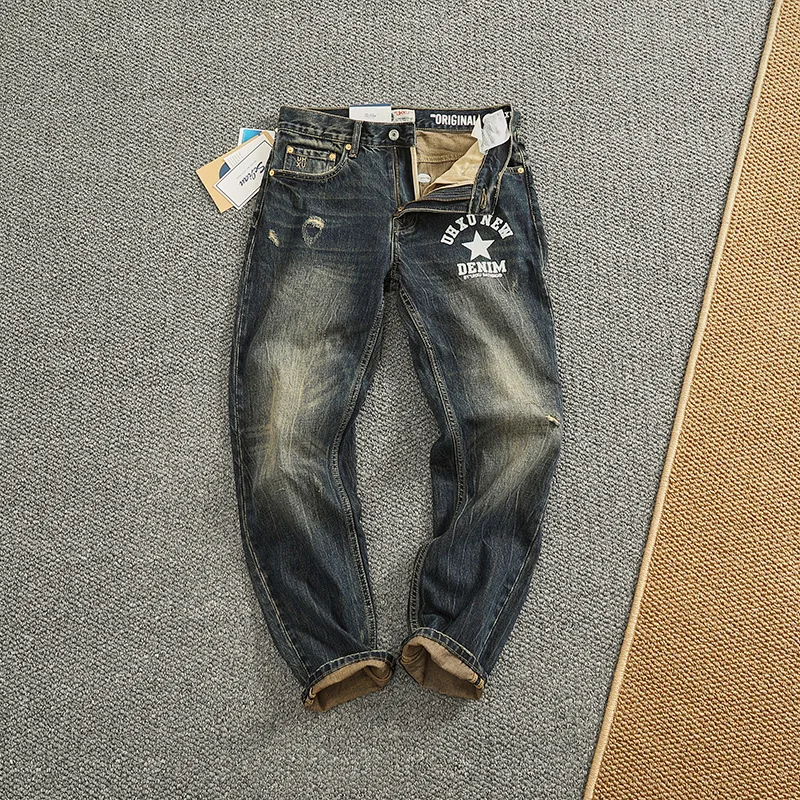 

Джинсы мужские, ретро, ностальгические, модные, с принтом, уличный шик, модные, мужская одежда, тяжелые брюки узкого кроя