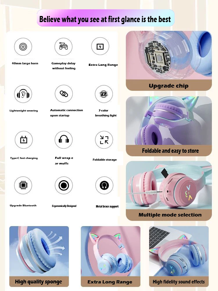 Cute Cat's Ear Bluetooth Headsets Gradient Color Wireless Headphones Mic Foldable Gaming Supports TF Card Noise Cancel Earphone image 3