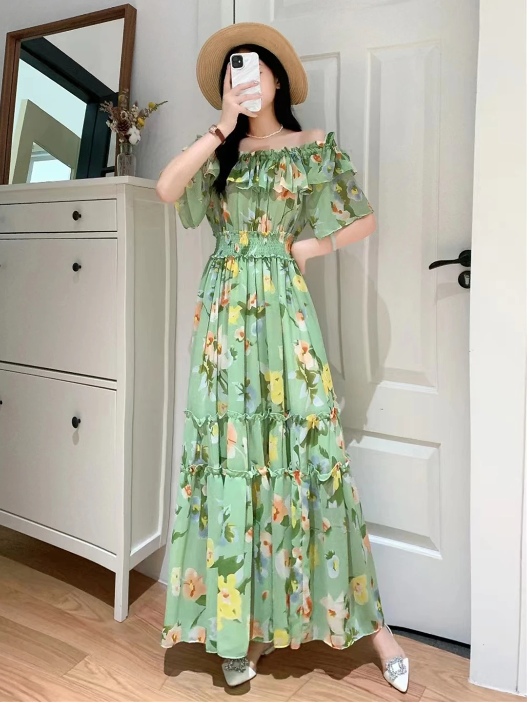 2024 New Summer Women Sexy Slash Neck Short Sleeve Slim Long Dress Fashion Patchwork Big Hem Sweet Ruffles Floral Dress