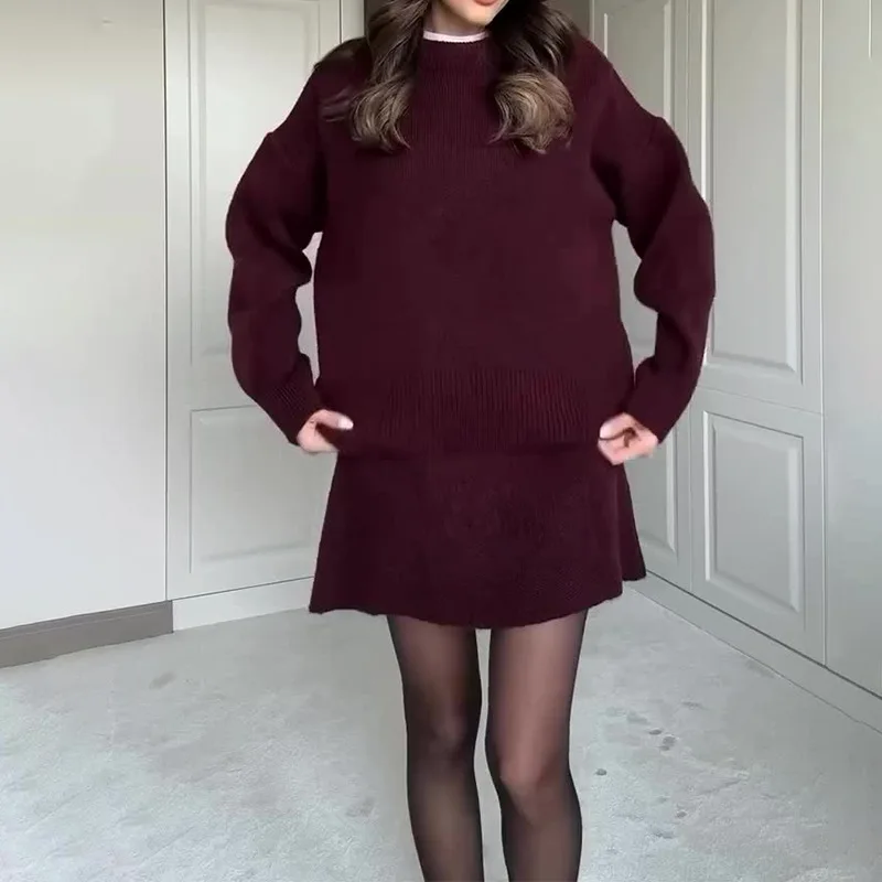 Set Dua Potong Rajutan Gaya Preppy Wanita 2025 Sweter Longgar Leher O Musim Dingin Musim Gugur Rok A Line Pakaian Chic Pakaian Jalanan