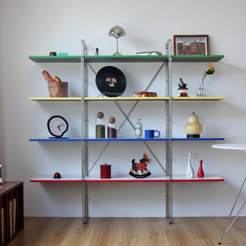 رف تخزين متعدد الطبقات من الفولاذ المقاوم للصدأ في العصور الوسطى، رف عرض منزلي ممتد من الأرض إلى السقف