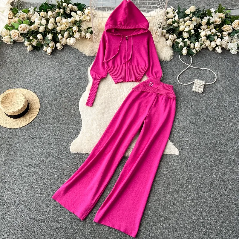 

Autumn and Winter Solid Color Knitted Hooded Cardigan Tops High Waist Dipped Slim-Fit Trousers Casual Two-piece Set for Women
