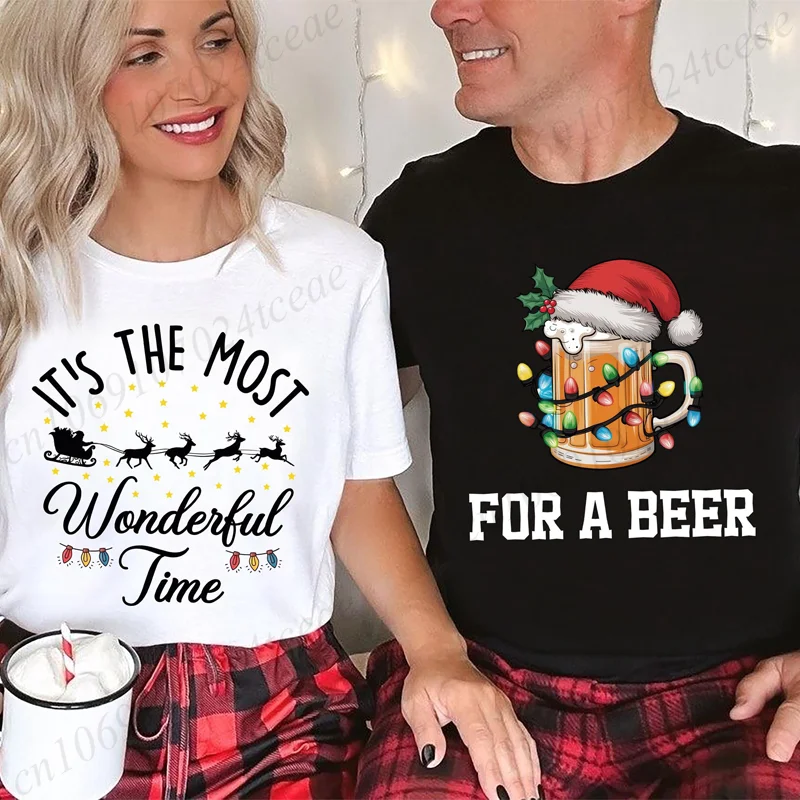 Funny Couple Shirt for Chrismas Graphic T-Shirt for Men Beer and Most Wonderful Time of Year Men Women Harajuku Streetwear Tops