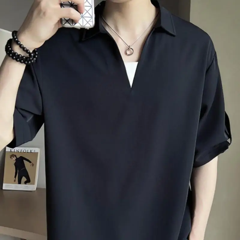 Summer men's ice silk drape fake two piece V-neck versatile trendy casual loose half sleeved color blocked plus size T-shirt set