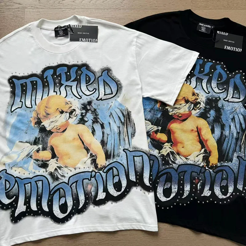 American Style Mixed Emotion Angel Print Rhinestone Trendy Rock Hip Hop Loose Fit Pure Cotton Short Sleeve T-Shirt