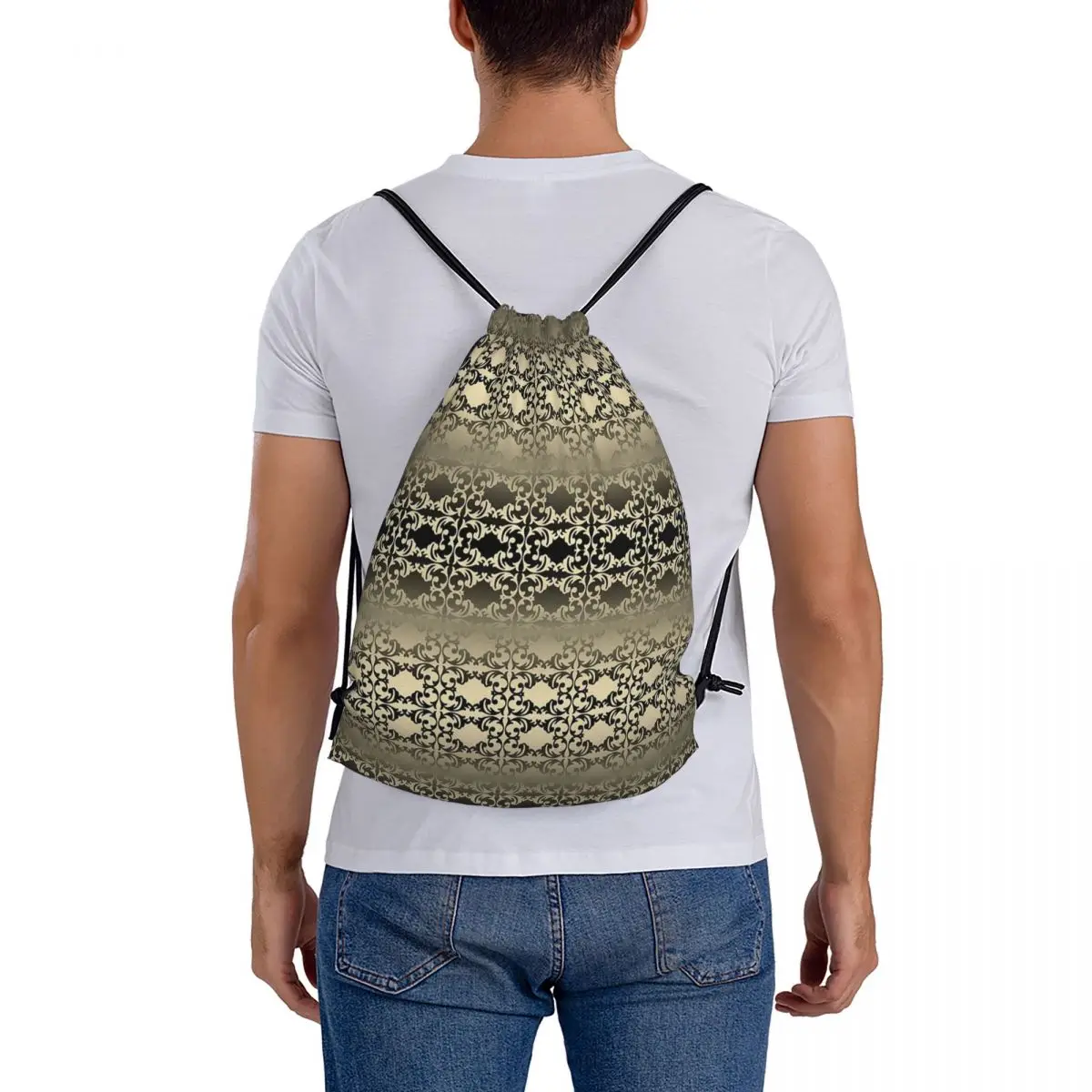 Antique portátil Drawstring sacos, mochilas casuais, Drawstring Bundle, bolso Sports Bag, Book Bag, estudantes, viagens, branco e preto