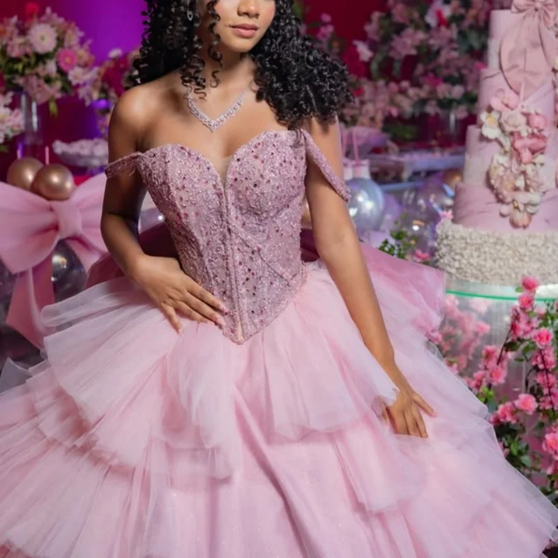 

Shiny Pink Quinceanera Dress off-shoulder Sequin decal Lace layering Long tail vestidos de 15 Quinceanera ﻿Customize