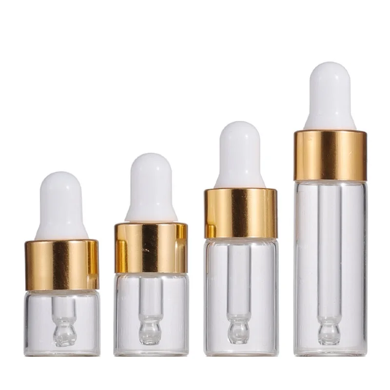 

100Pcs Mini Essential Oil Bottle Glass Clear Vials Empty Portable Container Gold Ring White Top 1ml 2ml 3ml 5ml Dropper Bottles