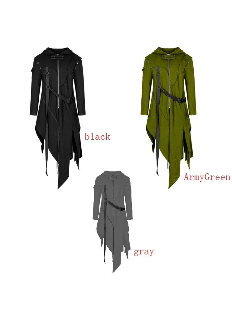 빈티지 할로윈 중세 스팀펑크 암살자 엘프 해적 의상 성인 남성용 블랙 롱 스플릿 재킷 고딕 아머 가죽 코트