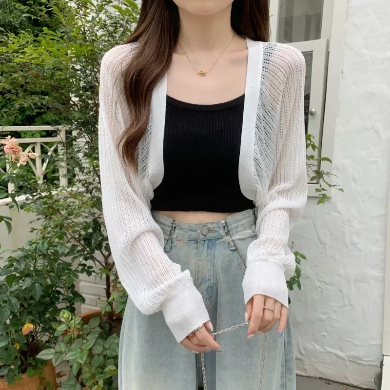 Hollow Knit Cardigan White Sweet Loose Women Short Top Thin Coat Sunscreen Clothing Korean Fashion Spring Autumn Wholesale