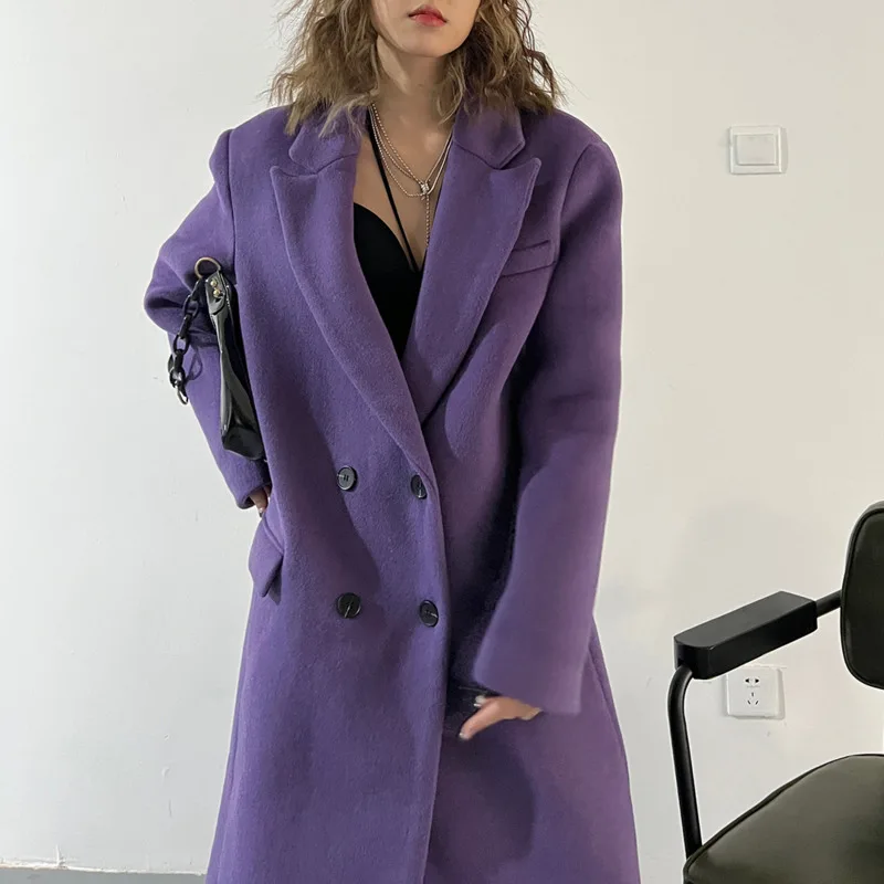 HKSH خريف شتاء جديد امرأة طويلة السترة محززة طوق مزدوجة الصدر الكتف مكتب سيدة أنيقة Ins معطف الصوف HK14937