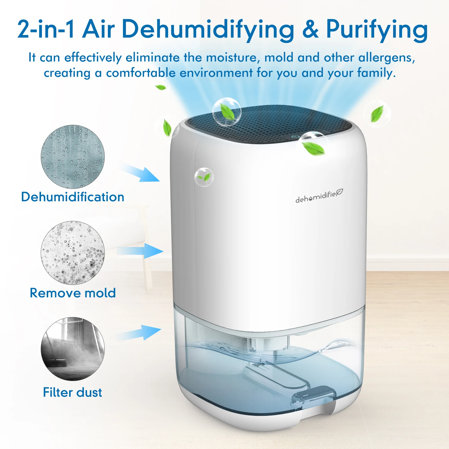 مزيل رطوبة الهواء 1000 مل 2600R للأجهزة المنزلية مصباح ليد مع فلتر هواء 280 مربع. قدم صغير محمول للغاية وهادئ وإيقاف تلقائي