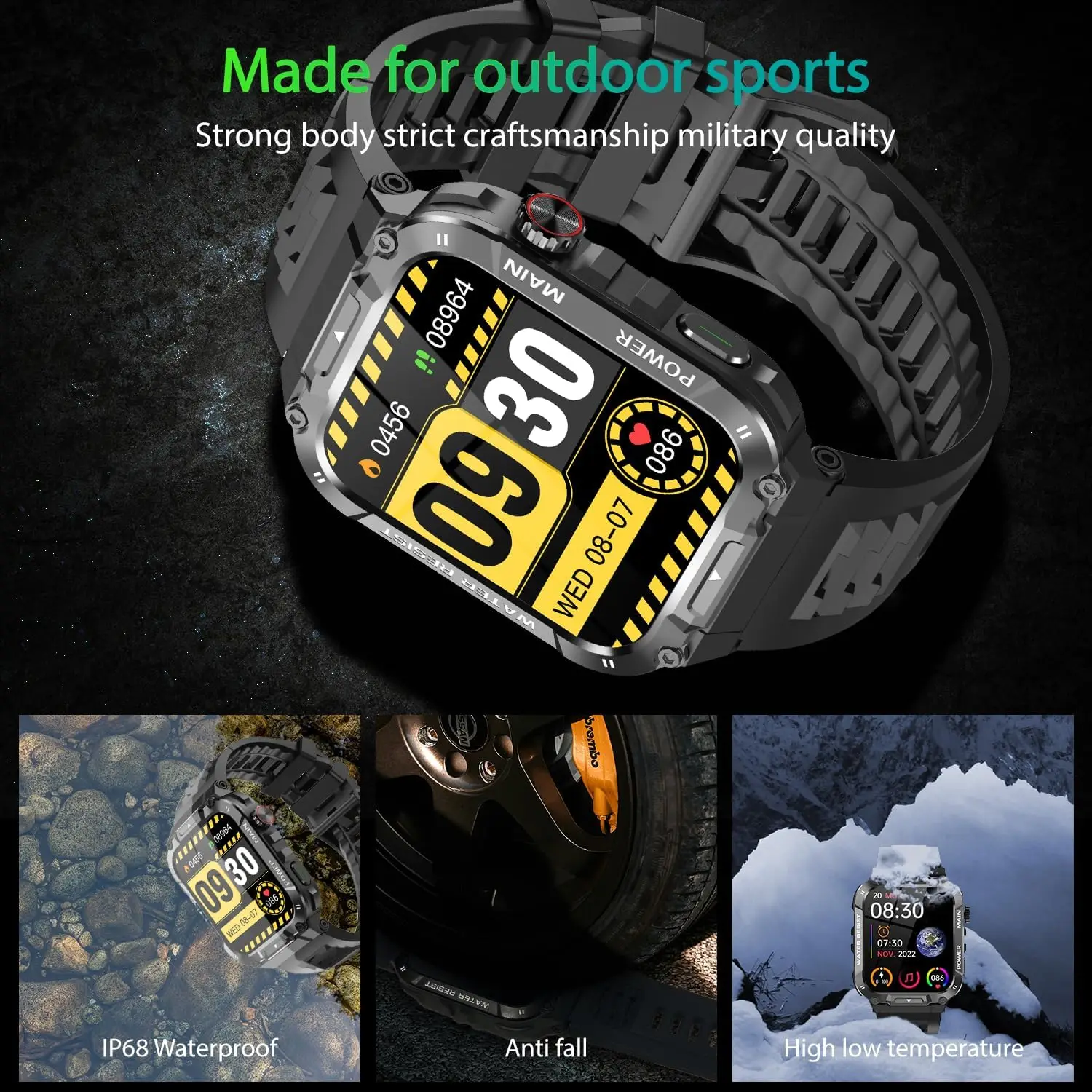 Rugged Military Smart Watch for Men with 400mAh Large Battery Heart Rate Monitor 1.85'' Display Bluetooth Call MK66 Upgrade Outd