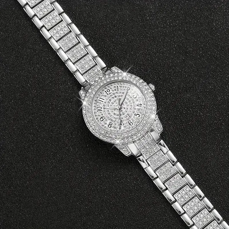 6pcs Ladies Fashion Casual Star Number Full Diamond British Watch White Crystal Love Earrings Necklace Ring Bracelet Gift Set