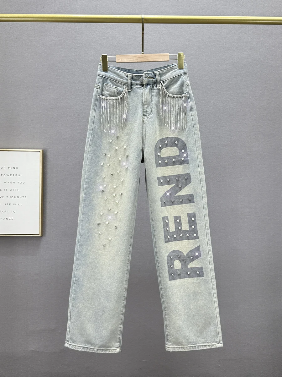 

Джинсы женские с высокой талией, свободного кроя, с бриллиантовой отделкой, удлиненные, прямые, весна 2025, модный тренд, эффект похудения
