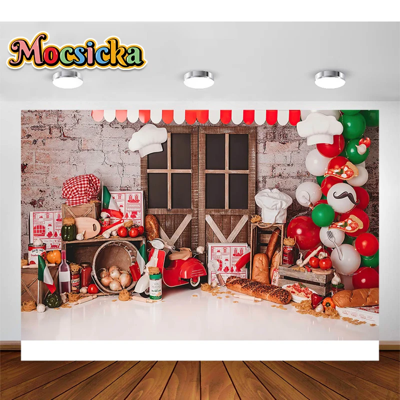 Mocsicka Photography Background Delicious Pizza Shop Food Chef Balloon Retro Brick Wall Child Family Party Backdrop Photo Studio